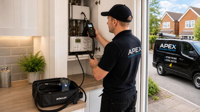 Engineer using a flue-gas analyzer during an annual boiler service