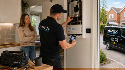 Engineer testing a boiler during a breakdown repair while customer looks on