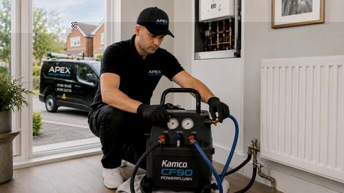 Kamco CF90 Powerflush machine connected to a radiator