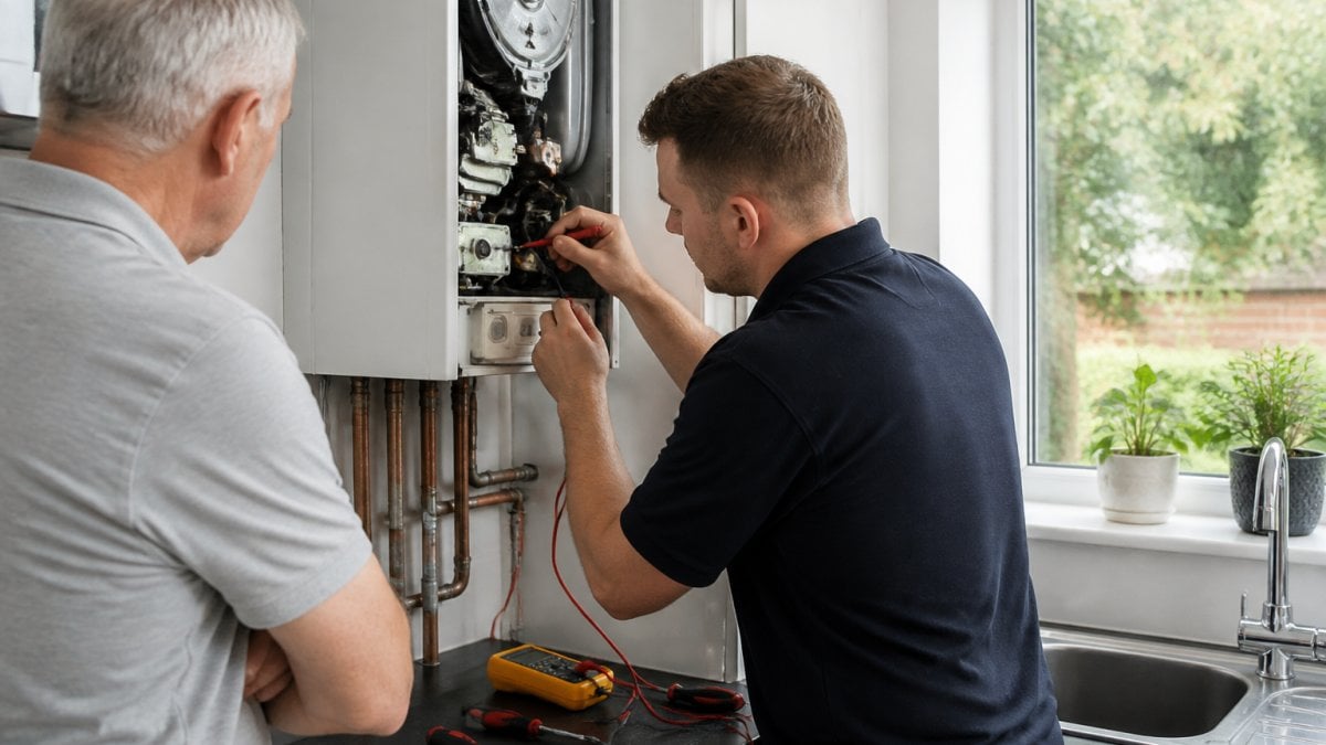 Professional heating engineer performing boiler service check, inspecting internal components with diagnostic tools and testing equipment in a modern residential kitchen with natural window lighting