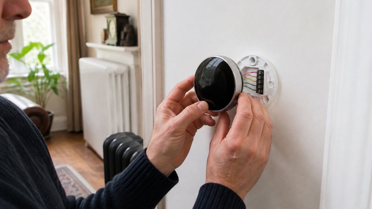 Homeowner adjusting a modern smart thermostat mounted on a wall in a period living room with traditional radiators visible in the background